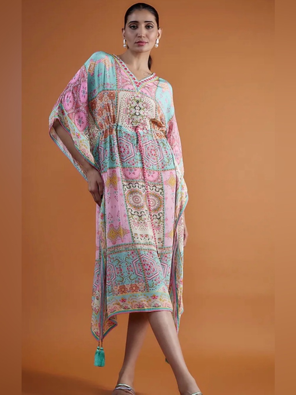 SIDDHARTHA BANSAL Anthropologie Crepe Sequins Bead Embroidered Kaftan Dress